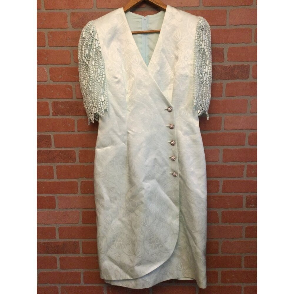 Vintage Miss Elliette Womens Wrap Dress V-Neck Lace Sleeve Floral Embossed SZ 10
